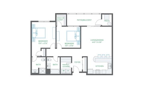 Floor plan for 2 beds, 2 baths, 1118 sqft